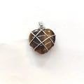 Brown heart-shaped tiger eye stone pendant with wire-wrapped silver metal finish - Tiger's Eye