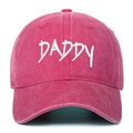 Close-up of white DADDY 3D embroidery on a vintage washed pink baseball cap fabric - One Size / Rose Red