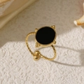Retro 18k gold plated stainless steel ring with oval black enamel and textured band - Black