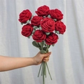 Handcrafted crochet red rose bouquet with green leaves and knitted cotton stems - Wine Red