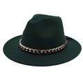 Dark green wide brim fedora hat with a luxurious gold and black metal chain band - M (56-58cm) / Dark Green (Black Chain Decor)
