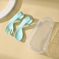 Mint green baby training spoon and fork set with ergonomic ring handle in a clear case - Food Grade PP / Teal With Storage Box