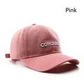 Pink vintage denim baseball cap with white Conquer letter embroidery for women - Pink