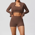 Detail of coffee brown yoga set featuring high-neck zipper jacket with thumbhole cuffs - S / Chestnut Brown