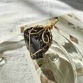 Handmade 18K gold wire-wrapped dark natural crystal raw stone pendant necklace - Gold Wire Obsidian
