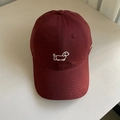 Close-up of cute white puppy embroidery on a deep red cotton canvas baseball cap - M (56-58cm) / Red
