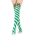 Christmas over-the-knee socks with green white diagonal stripes and red ribbon bows - One Size / Green and White Diagonal Stripes/Double Bow
