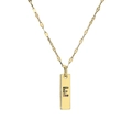 Detail of gold letter E pendant with multi-color zircon stones on a flat lip chain link - Letter E