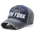 Navy and grey distressed vintage baseball cap with New York embroidery and worn edges - Blue with Grey Brim