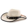 Detail of western beige felt hat with bull head belt and studded leather band - M(56-58cm) / Beige Black Trim