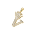 Hip hop crown initial V pendant necklace with gold plating and cubic zirconia inlay - Crown Letter V