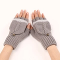 Light gray cable knit convertible mittens with fleece trim and fashion button detail - Light Khaki