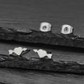 Polished stainless steel heart and arrow stud earrings on black stone background - Heart with Arrow Silver