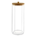 Portable acrylic cotton pad container with natural bamboo lid and vertical side opening - Bamboo Lid Cosmetic Storage Box Model 2193