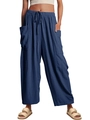 Women's casual blue cotton linen wide leg pants with elastic waist and large side pockets - Dark Blue