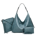 Three-piece set of teal leather hobo bag, crossbody bag, and clutch with metallic hardware - Blue
