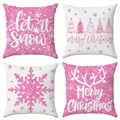 Pink Christmas pillow covers set of 4 with snowflake and deer antler patterns - Pink Art Words