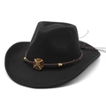 Detail of black wool felt cowboy hat with braided brown band and golden metallic buckle - M (56-58cm) / Black