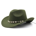 Detail of olive green wool fedora hat with unique white seashell decorative band - Army Green