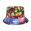 Detail view of nebula universe print bucket hat with multi-color leaf patterns - M (56-58cm) / Starry Sky Cannabis Leaf Style (2#)
