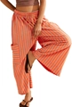 Detail of colorful striped wide leg pants featuring drawstring waist and side cargo pocket - S / Orange Red