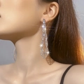 Elegant long tassel rhinestone heart drop earrings in silver finish with sparkling stones - Silver Hollow Geometric Tassel