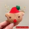 Cute plush reindeer brooch with red Christmas hat and golden antlers, size 5.7cm by 6.1cm - Red Hat Reindeer