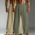 Men's loose linen pants in beige and army green with elastic drawstring waist - Khaki + Green