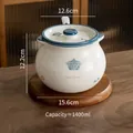 Large 1400ml ceramic lard jar with blue rim lid and spoon in a rustic wooden setting - Double Ear Modern Love (1400ml)