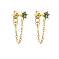 Detail of gold flower stud earrings with green zircon and delicate cable chain drop - Green Zircon/Back-hanging