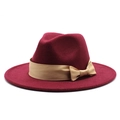 Elegant wine red felt fedora hat featuring a khaki ribbon and decorative side bow tie - Burgundy