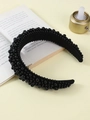 Elegant wide headband with glossy black faux pearls on soft fabric for luxury hair styling - Black
