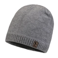Winter thermal grey knit beanie with ribbed cuff and brown leather logo patch - Light Gray