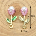 Pink tulip flower pendant with white pearl and gold leaf, 2.3cm handmade jewelry charm - Pink Tulip