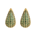 Golden teardrop stud earrings featuring pave-set emerald green zircon stones - Gold + Green