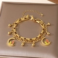 Double-layered gold stainless steel bracelet with crescent moon and bead charms - Colored Portrait Crescent Moon Style (KB203682-Z)
