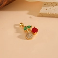 Elegant gold cherry pendant with red stones and green leaves on a warm rustic backdrop - Gold Plated Red Zircon Leaf Cherry Pendant Only (Without Chain) (T001-1)