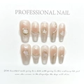 Uñas postizas artesanales con degradado rosa plateado y detalles de perlas y nácar - Extra Pequeño (XS) / 1060-Coffin Mediano Ojos de Océano