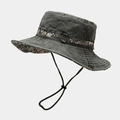 Detail of washed canvas bucket hat with digital camo brim and adjustable windproof strap - One Size (56-60cm) / Army Green