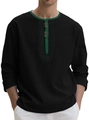 T-shirt Henley manches longues pour hommes en noir avec détails contrastés vert foncé au col - S / Noir