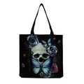 Detail of gothic skull, blue butterfly, and purple rose print on black canvas tote bag - Grey Skull Blue Butterfly and Purple Flowers (hm6663)