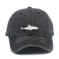 Unisex washed dark grey cotton baseball cap with white shark embroidery on front - One Size / Black