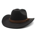 Classic black wool fedora hat with wide brim and brown stitched leather band decoration - M (56-58cm) / Black