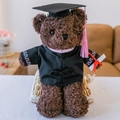 Graduation teddy bear plush toy wearing a black bachelor gown with a pink tassel - Coffee Textured Graduation Bear - Pink Collar / 30 cm