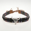 Ethnic woven necklace with silver bull head pendant and brown suede ties on white background - 56-58cm / Colorful Woven Choker with Silver Bull Head Pendant (AB90)