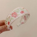 White mesh headband with pink floral embroidery and green leaves for a fresh look - Thin Embroidered Pink Mesh Headband