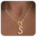 Golden paperclip chain necklace with initial S pendant and T-bar toggle clasp on model - S