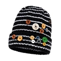 Bonnet en tricot à rayures noires et blanches avec boutons décoratifs pour femme - Noir (Rayures Noires et Blanches)