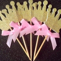 Golden glitter crown cake toppers with pink ribbon bows for baby birthday decorations - Crown Pink 5pcs