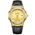 Square gold watch with diamond-set bezel, black leather strap and textured gold dial - Black Leather Gold Dial
